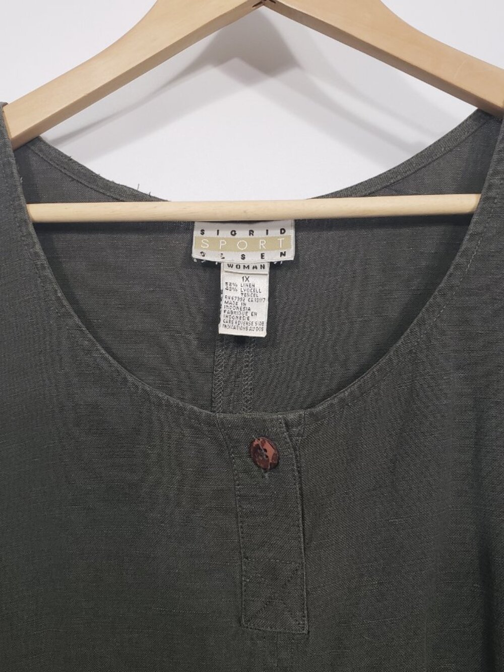 Sigrid Olsen Olive Green Linen Shift Maxi Dress Sleeveless Women's 1X - Picture 2 of 5